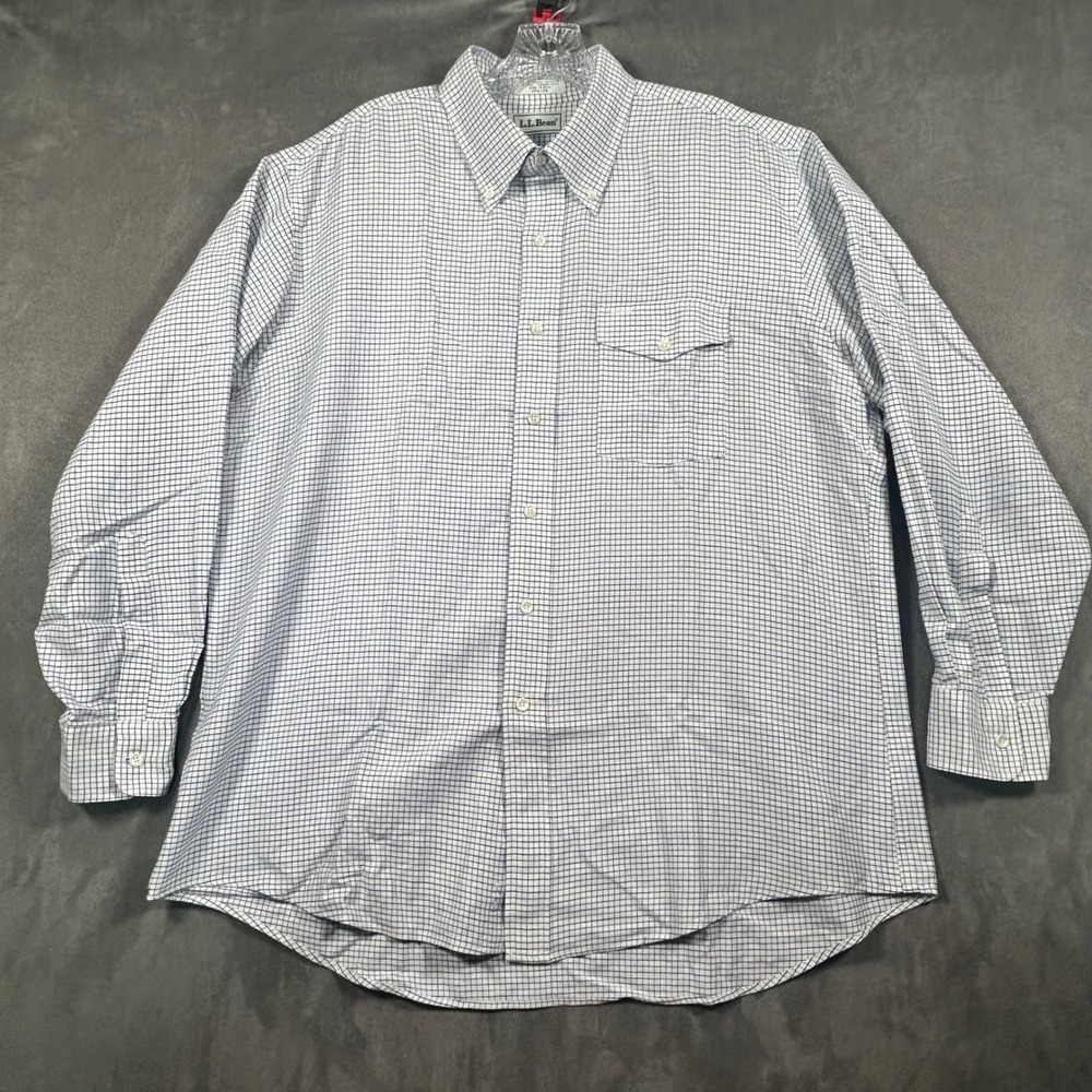 LL Bean Vintage Mens 17.5-34 Blue White Grid Check Button Down Shirt Made in USA